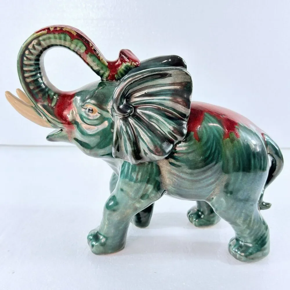 Vtg 1950's Ceramic Art Pottery Elephant Figurine Lucky Trunk Up Green Red Glaze